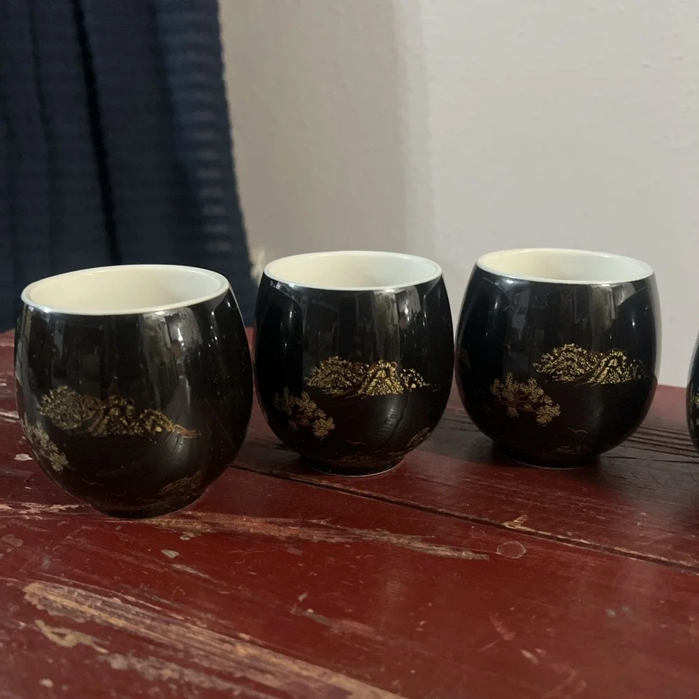 Vintage Dujust Japanese Tea Pot & 6 Cups Black & Gold House & Tree‎ Design